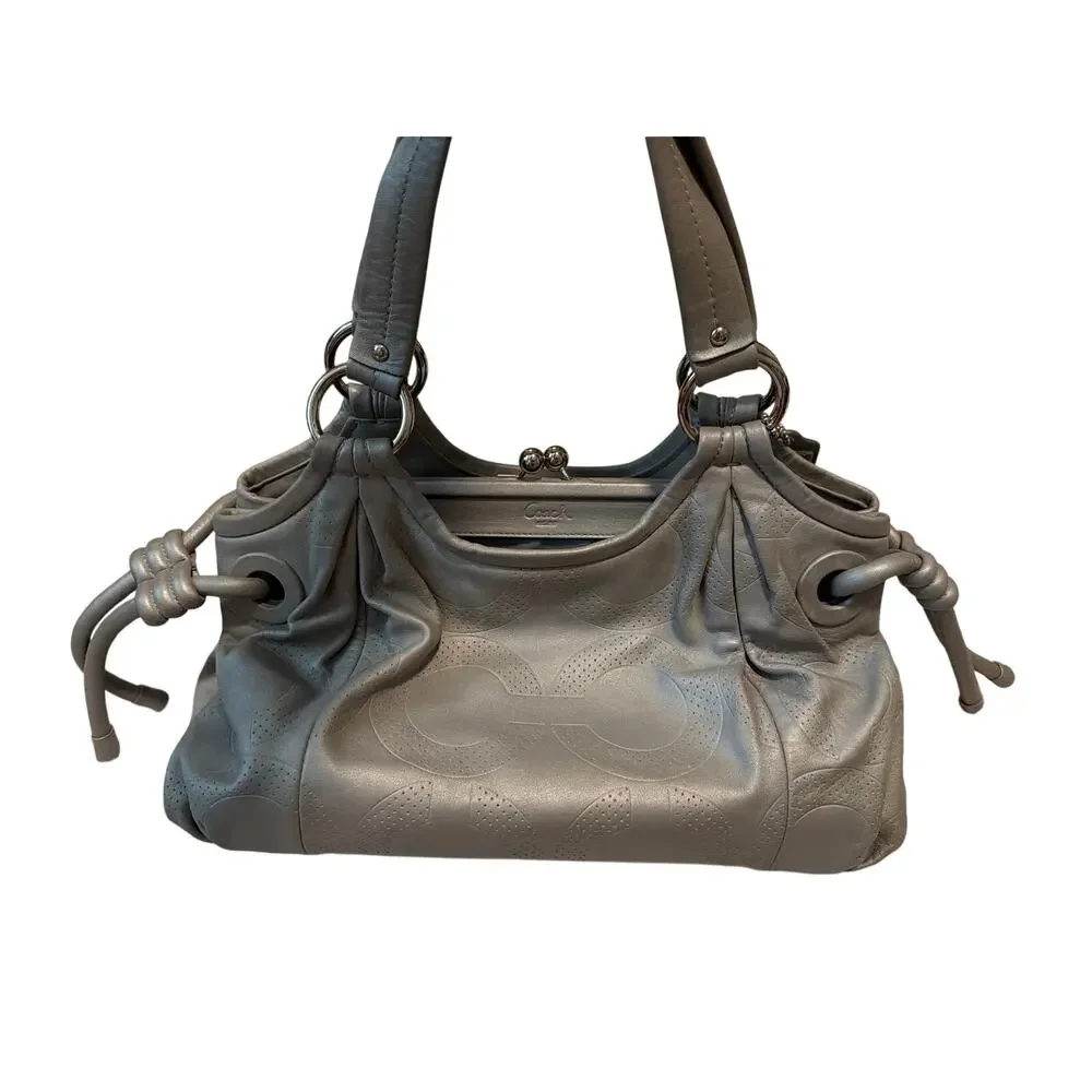 Coach Parker Perforated Gray Leather Kiss-Lock Satchel Tote 13611